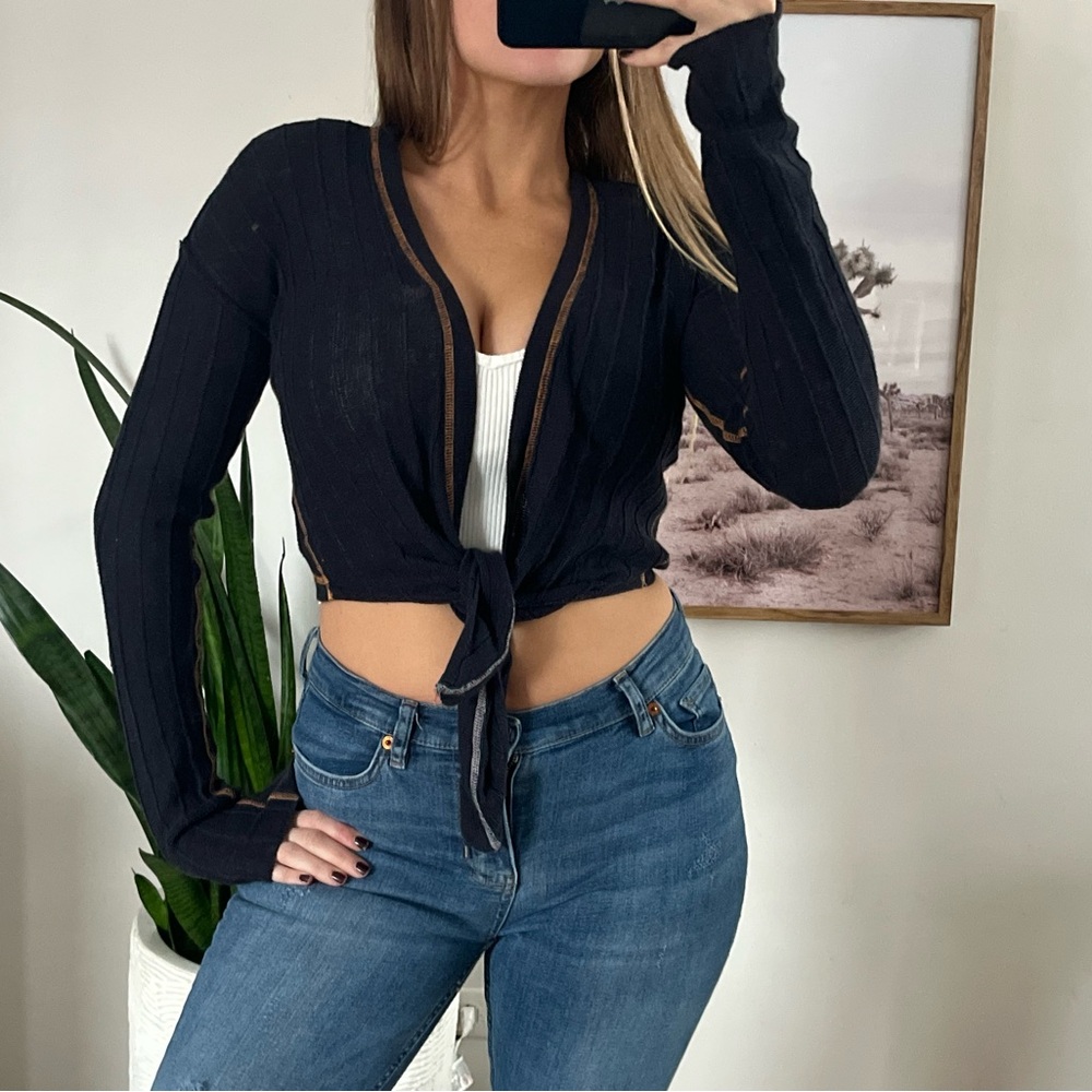 Free People Black Crop Top with Brown Trim